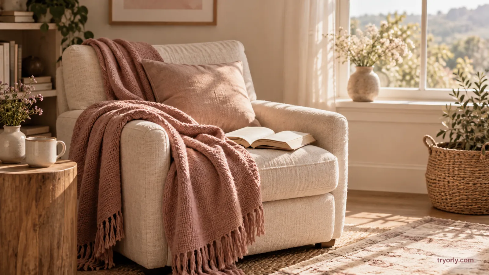 A cream reading chair with a dusty rose blanket and an open book in a sunny corner.