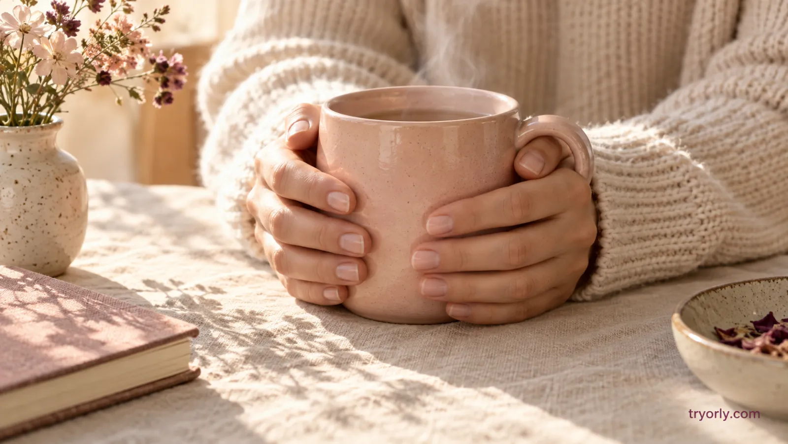 Hands in a cream sweater wrapped around a warm pink mug on a sunlit table.