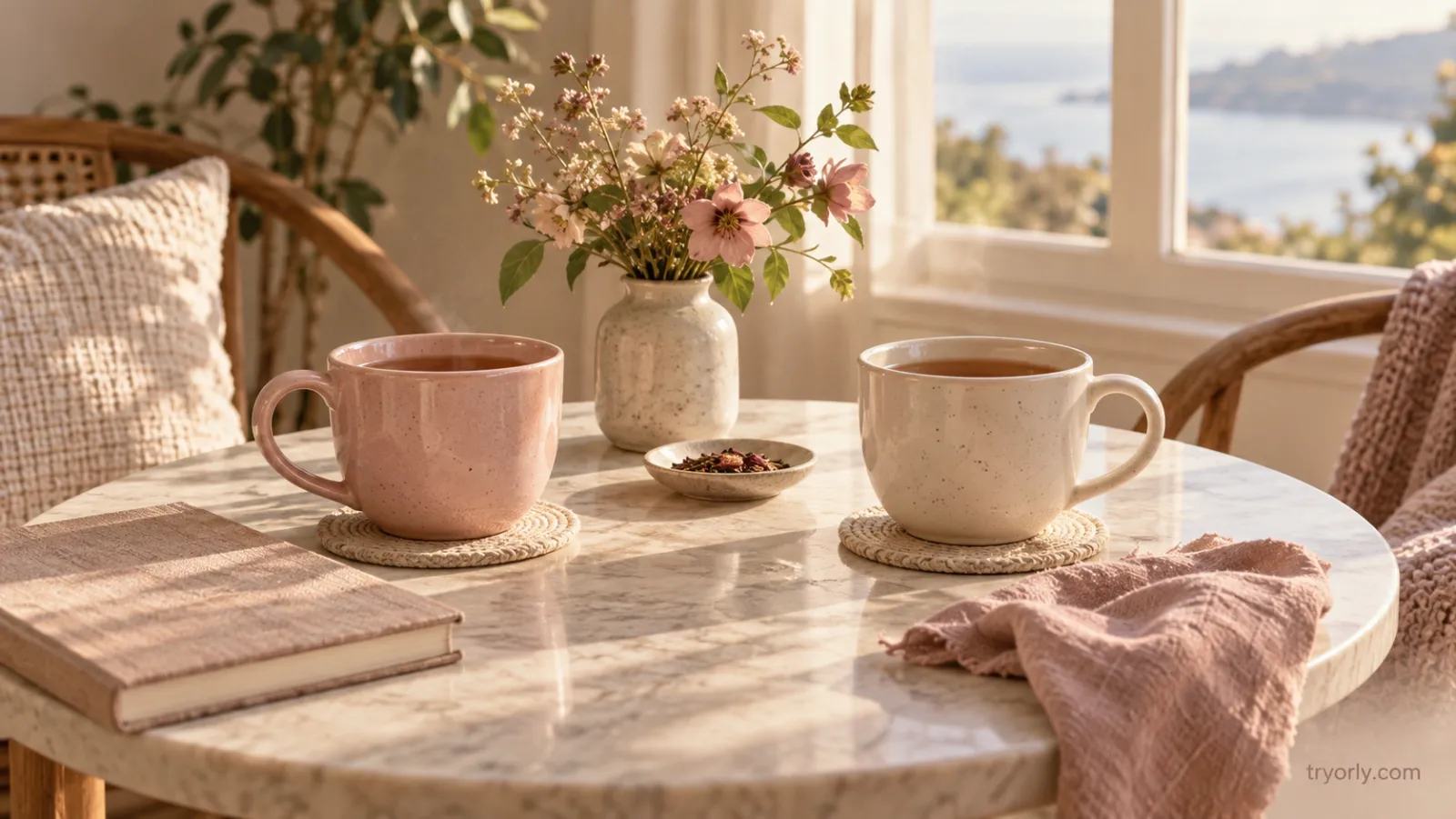Two cups of tea, one pink and one cream, across a small round table by a window.