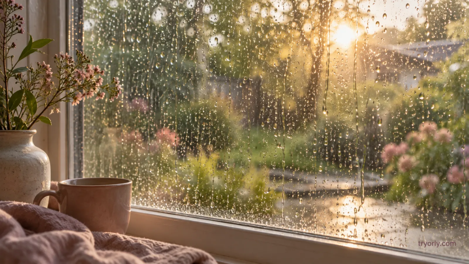 Raindrops on a window with soft morning light and a blurred city beyond.