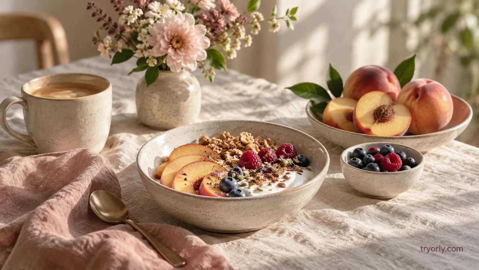 A breakfast table with a fruit and yogurt bowl, peaches, berries, coffee and flowers.