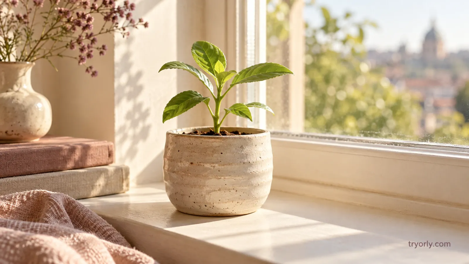 A small seedling in a cream ceramic pot on a sunny windowsill.