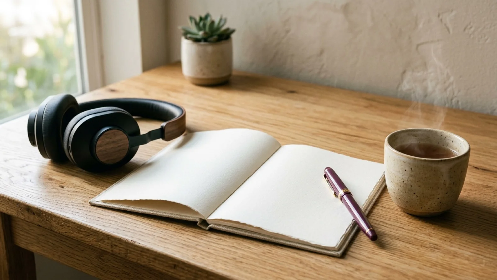Minimalist headphones resting on a warm oak desk beside a notebook, pen, and cup of tea in morning sunlight.