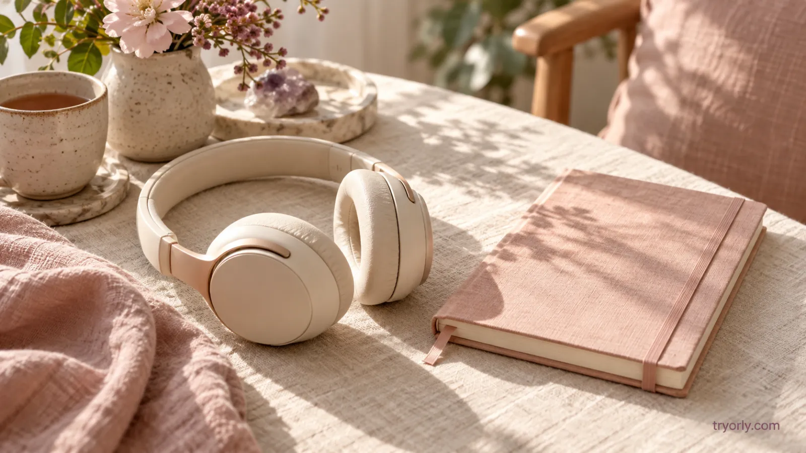 Cream headphones beside a blush notebook and a cup of tea on a linen-covered table.