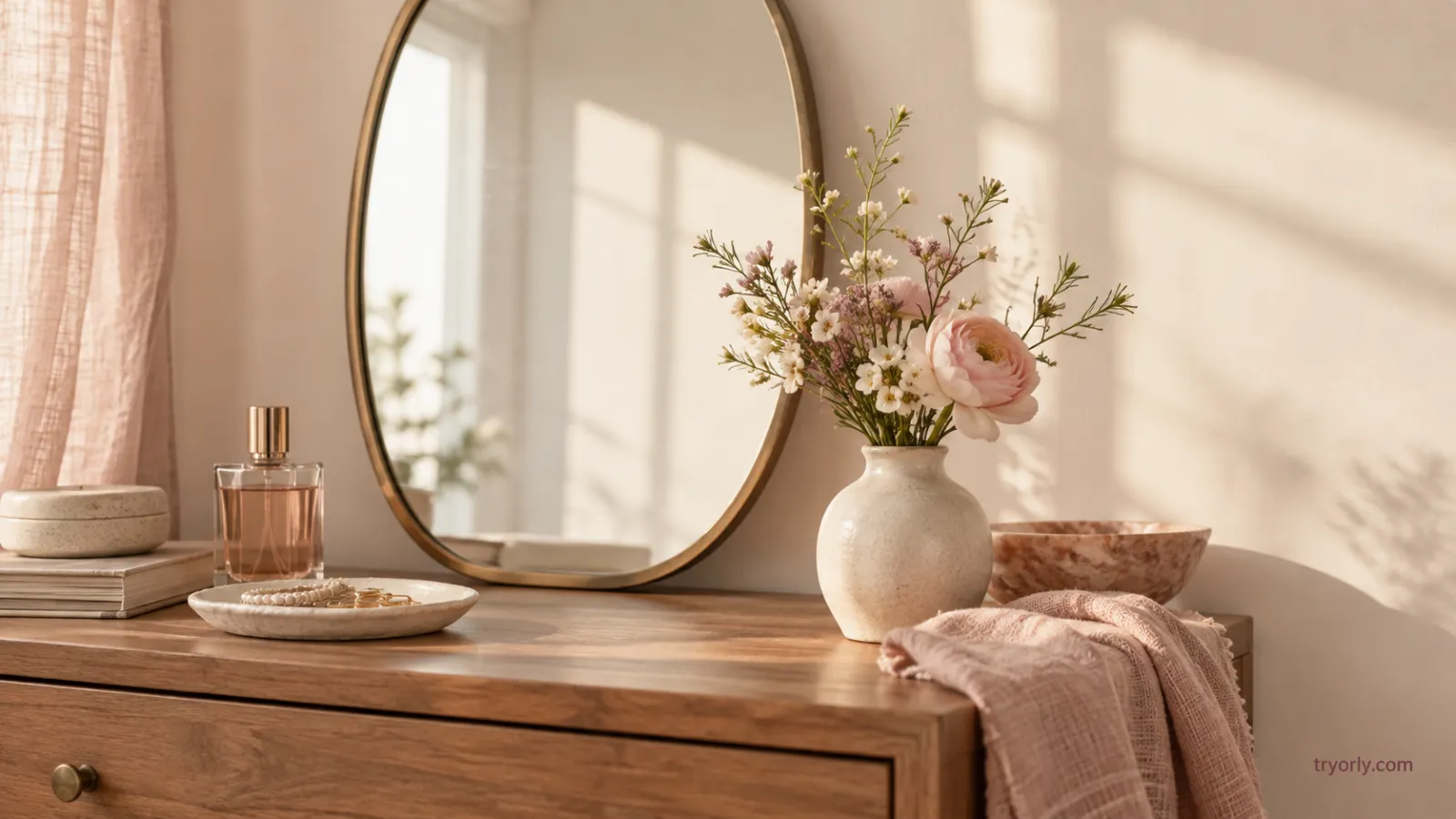 A wooden vanity with a round mirror, pale pink flowers and a blush cloth in warm window light.