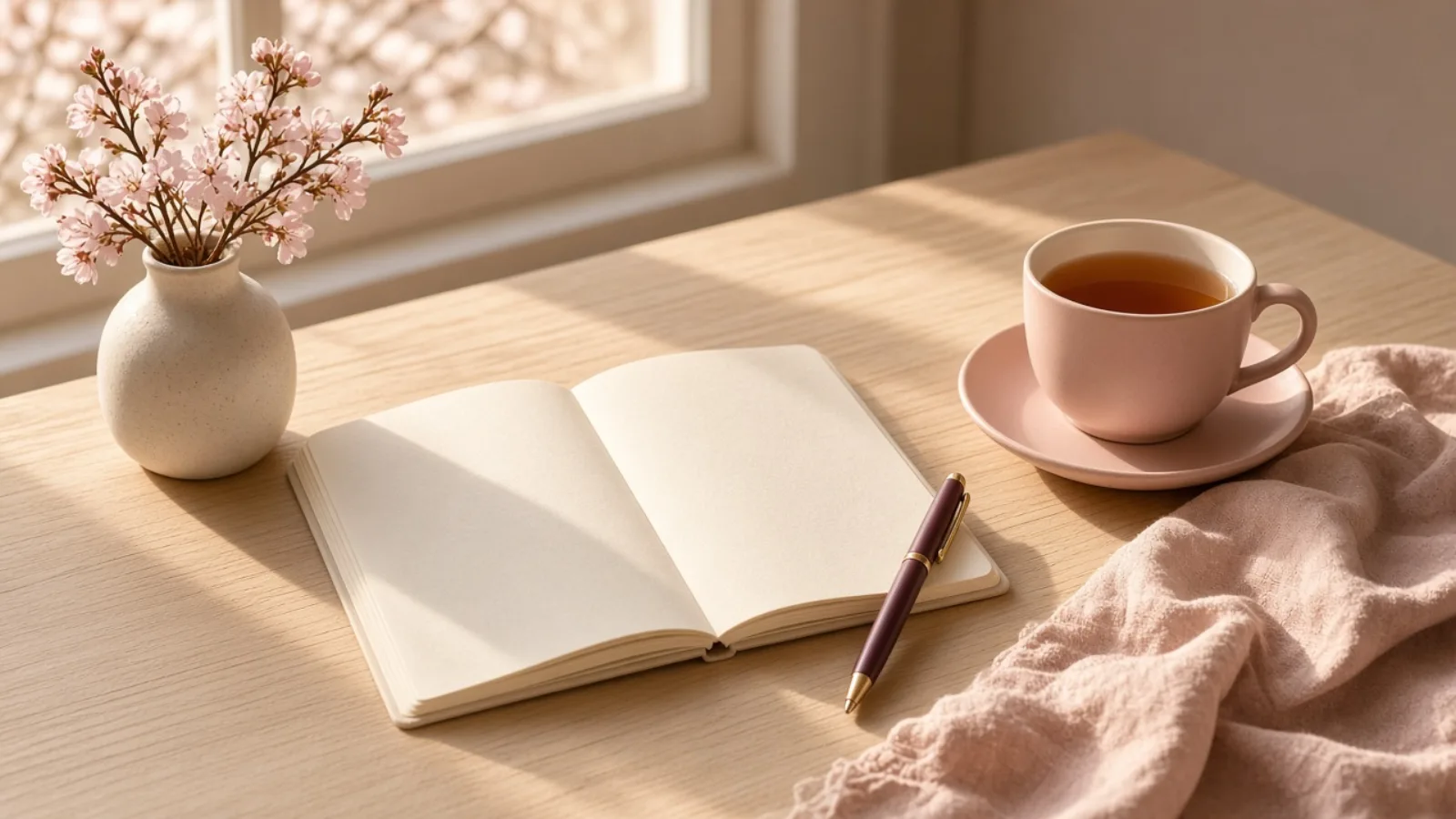 An open blank notebook, a plum pen, a blush cup of tea, and pink blossoms on a sunlit table by a window.