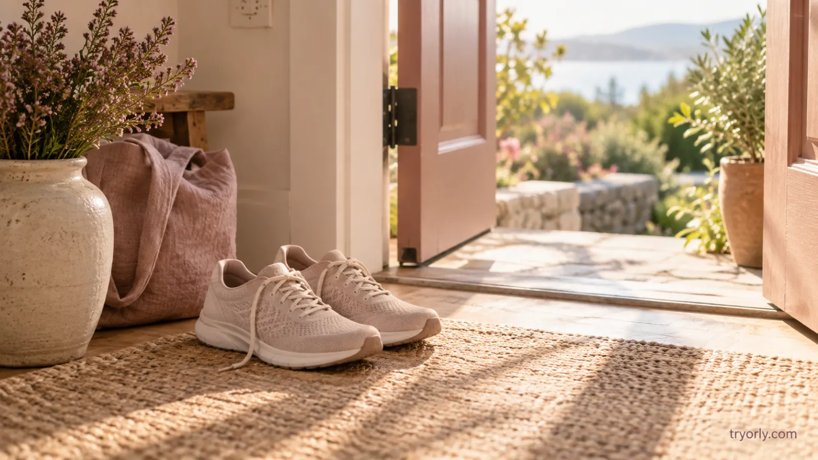 Pale walking shoes on a woven rug beside an open door leading to a sunlit terrace.