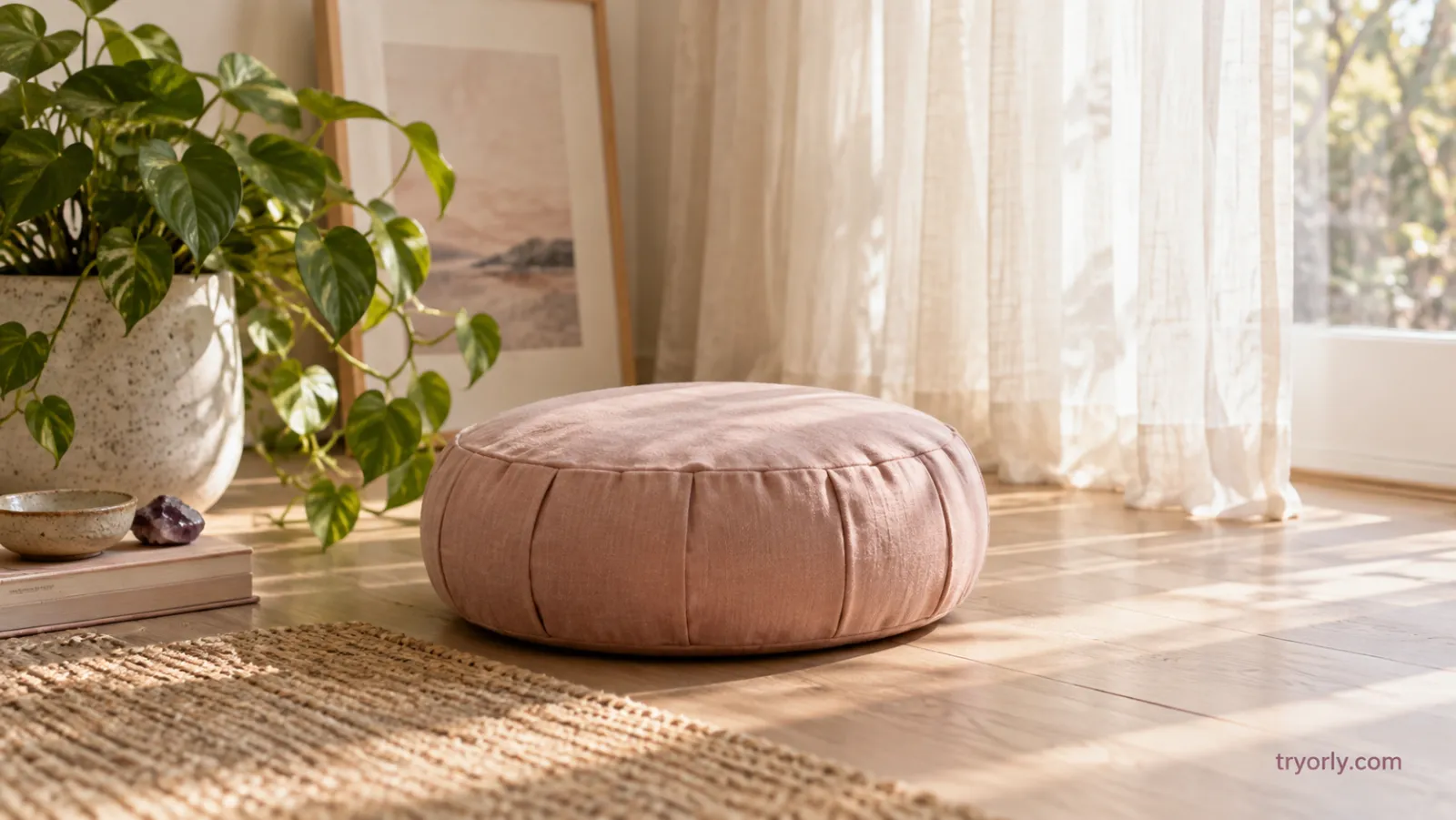 A blush floor cushion by sheer curtains and a leafy plant in a quiet, sunlit room.