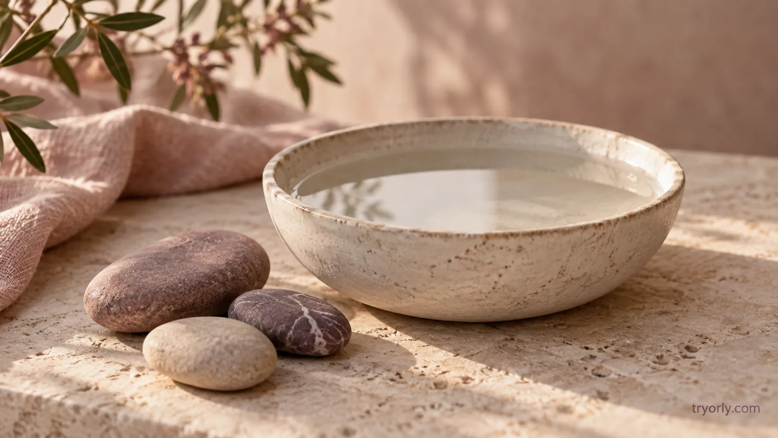 Smooth stones beside a ceramic bowl of still water on a warm stone surface.
