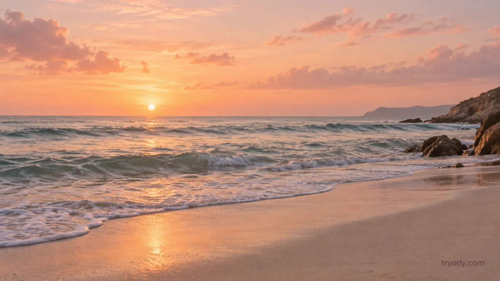 A calm beach at sunrise with peach skies and gentle waves.