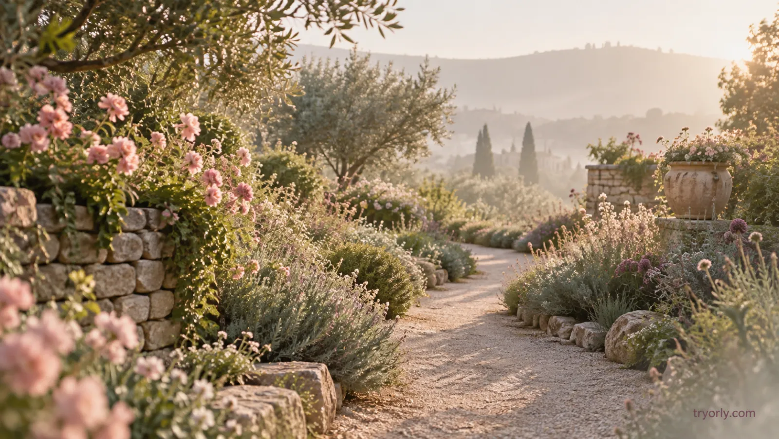 A winding garden path between pink flowers and soft greenery in morning haze.