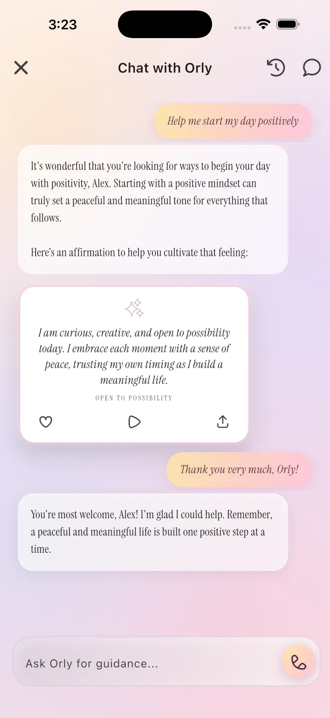 Chat con Orly, el coach de afirmaciones con IA, escribiendo una afirmación como respuesta a un mensaje