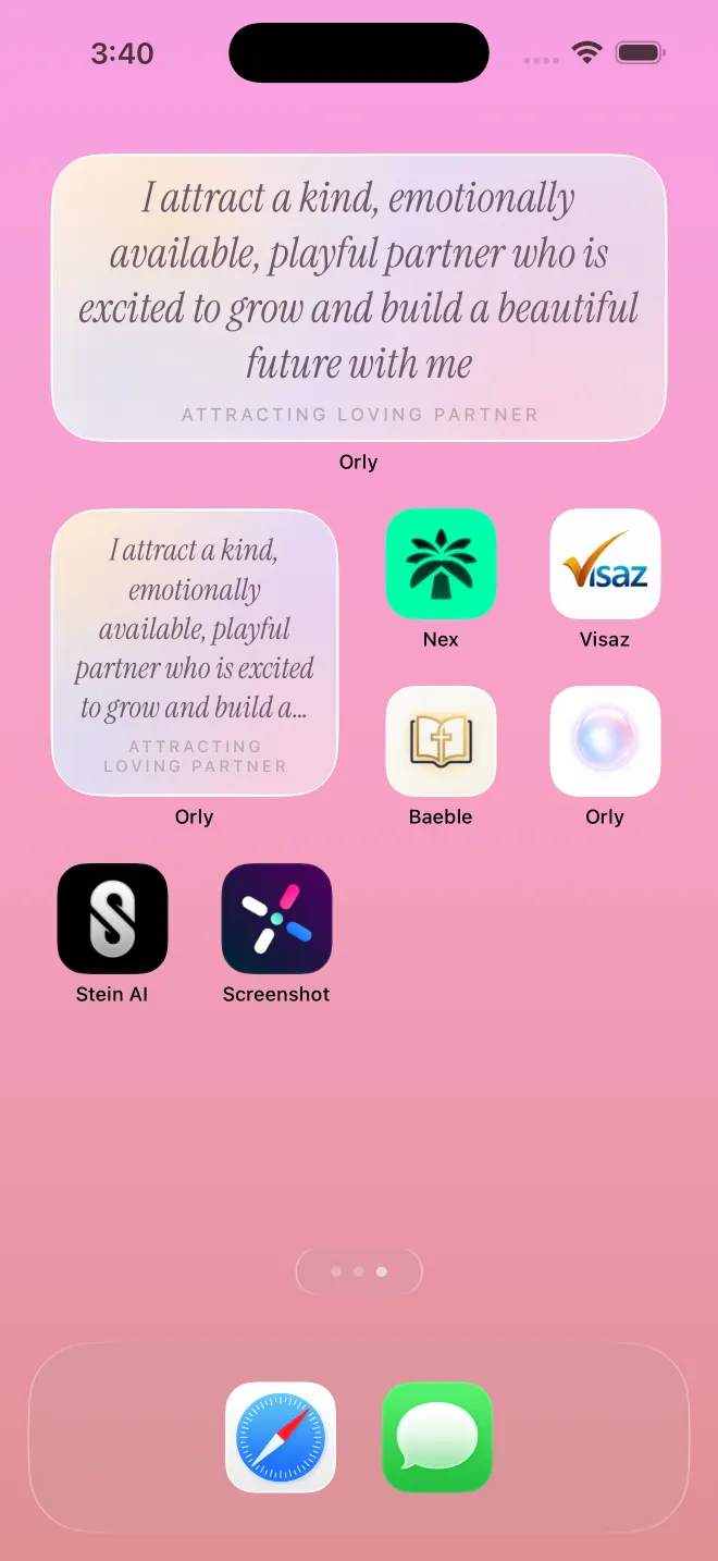 Pantalla de inicio de iPhone con widgets de afirmaciones de Orly en tamaño grande y pequeño