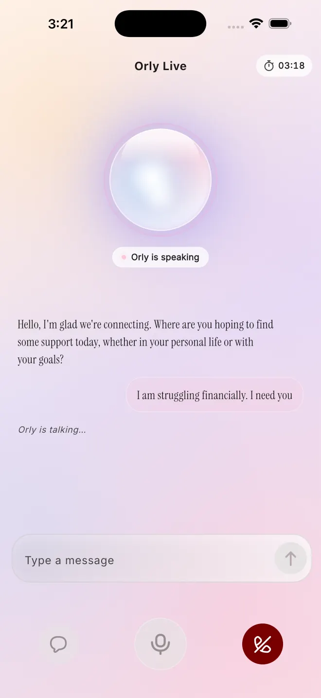 Pantalla de conversación de voz de Orly Live con una esfera luminosa mientras Orly habla